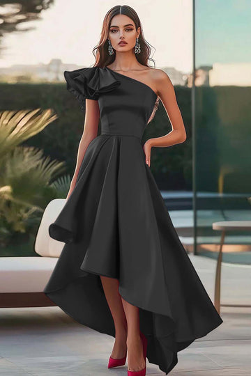 Burgundy Satin One Shoulder High-Low Ruffled A Line Formal Dress